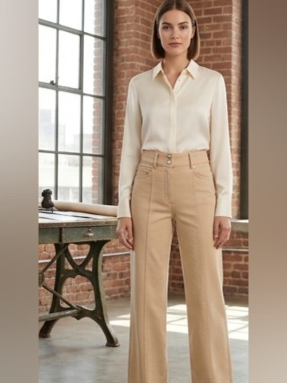 Boss Beige Jeans with Black Logo Patch